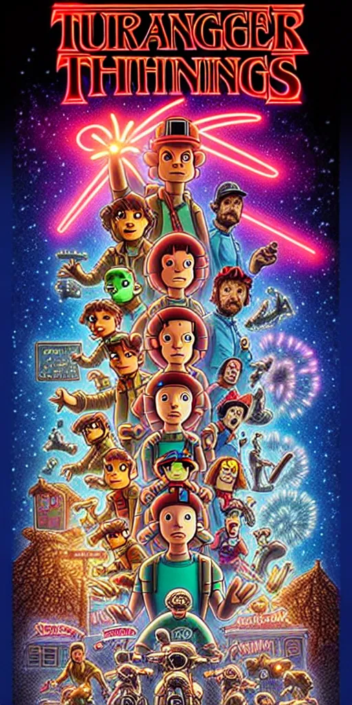 Image similar to animated version of Futurama Stranger Things poster by Matt Groening, cartoon, detailed faces, high resolution, hyper detailed, intricate, illustrated, dramatic lighting !n-9