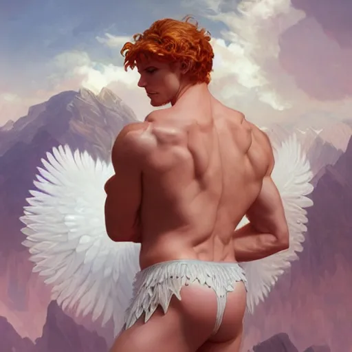 Image similar to beautiful natural male ginger angel wearing a white loincloth, intricate, elegant, highly detailed, digital painting, artstation, concept art, smooth, sharp focus, illustration, art by artgerm and greg rutkowski and alphonse mucha and loish and WLOP