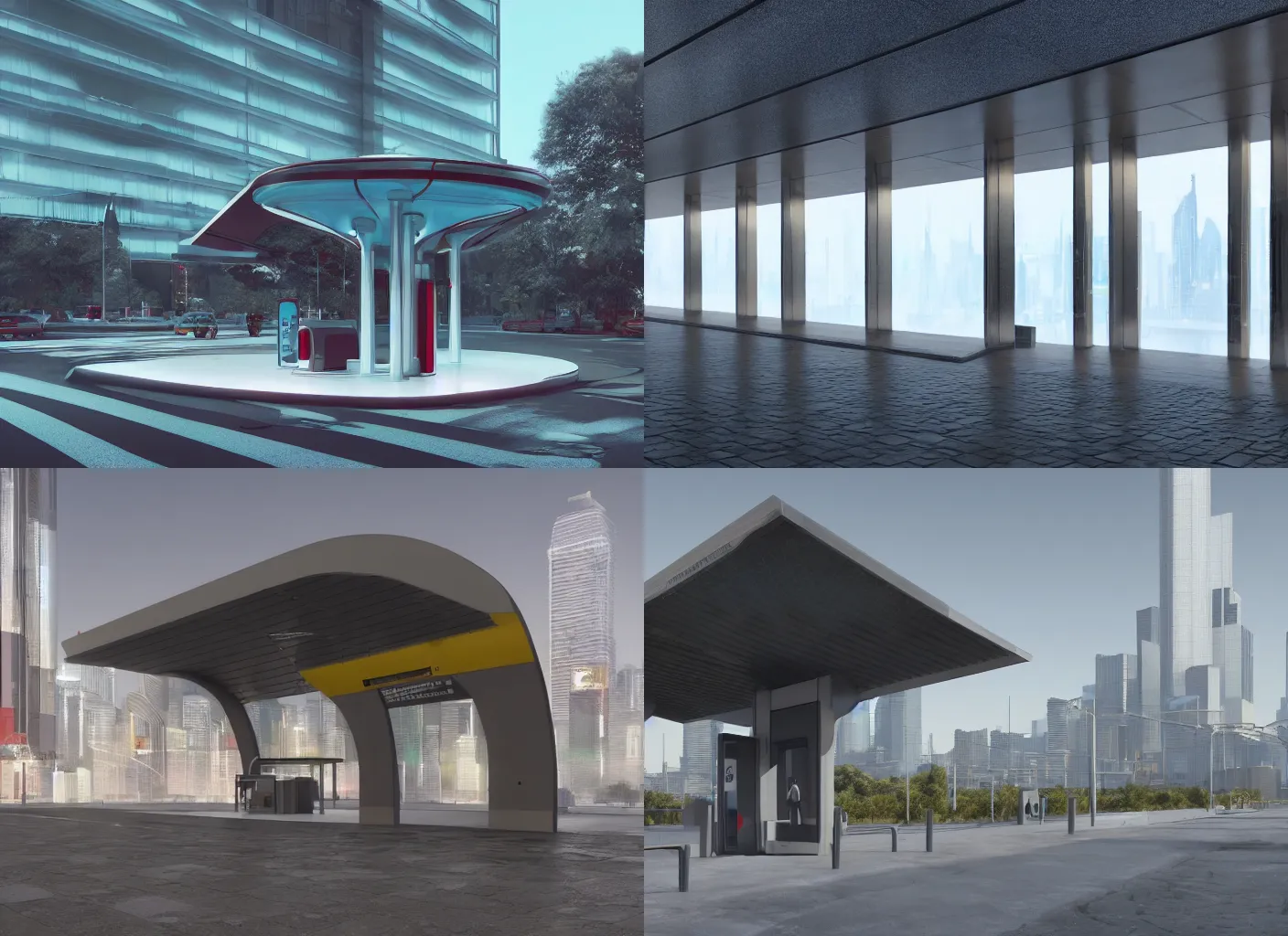 Prompt: a beautiful architectural render of cyberpunk bus stop, by norman foster + tadao ando, extremely detailed, vivid color scheme, 8 k, hiperrealistic