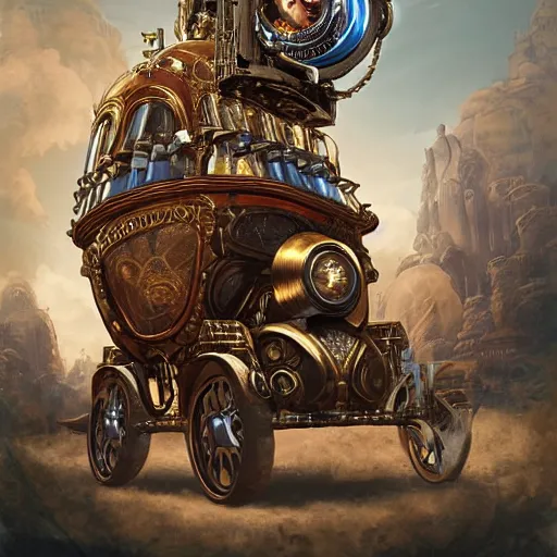 Prompt: an african scientist with a gigantic!! head in a very decadent and ornate steampunk wheelchair, by android jones and greg rutkowski and fernando botero in a surreal portrait style, wide angle dynamic portrait, overwatch character art, digital illustration highly detailed, extremely symmetrical, rim lighting, 8 k, hd