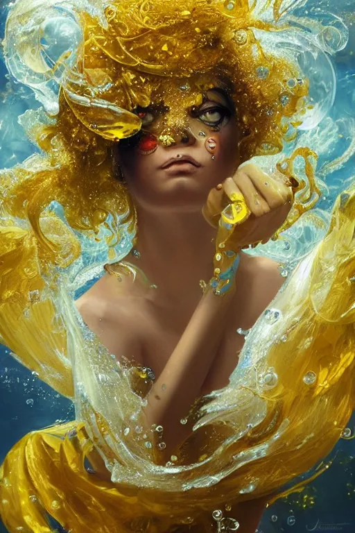 Prompt: epic 3 d oshun, liquid hands and feet spinning, 2 0 mm, with gold and yellow fresh water, melting smoothly into asymmetrical bubbles and fish, liquid, delicate, beautiful, intricate, houdini sidefx, trending on artstation, by jeremy mann and ilya kuvshinov, jamie hewlett and ayami kojima