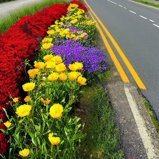 Prompt: flowers, sun. place, road