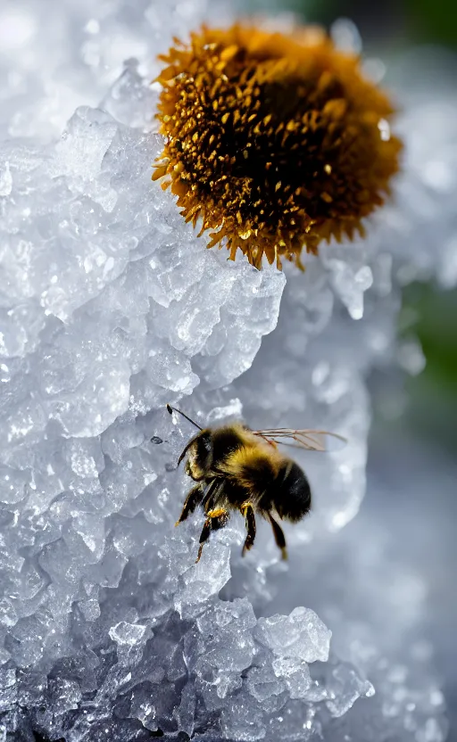 Image similar to a bee and a flower entrapped under a layer of ice, beautiful macro photography, ambient light