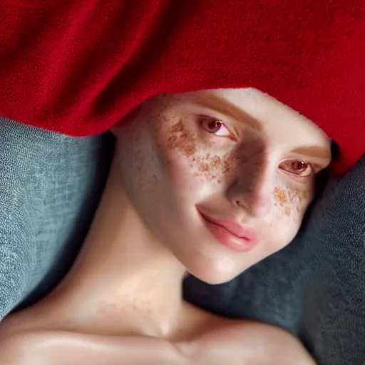 Image similar to portrait of a cute thin young woman, red blush, cute freckles wearing casual clothes, small smile, relaxing on a couch, cozy under a blanket, cozy living room, close up shot, 8 k, trending on artstation, art by diego fazio and irakli nadar and ron mueck, hyperrealism, hyperdetailed, ultra realistic