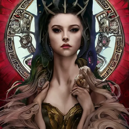 Image similar to 3/4 body portrait of the firedragon queen by artgerm and H R Giger and alphonse mucha, HD, full body dragon concept, flying dragon, Human body with dragon features, beautiful queen, perfect face, perfect body, 10/10 would dream again, fantasy, intricate, elegant, highly detailed, digital painting, artstation, concept art, smooth, sharp focus, illustration, ray tracing, 4k realistic 3d rendered portrait, soft shading, soft colors, relaxed colors, hyperdetailed, wide angle lens, fantasy, futuristic horror, armor style of giger