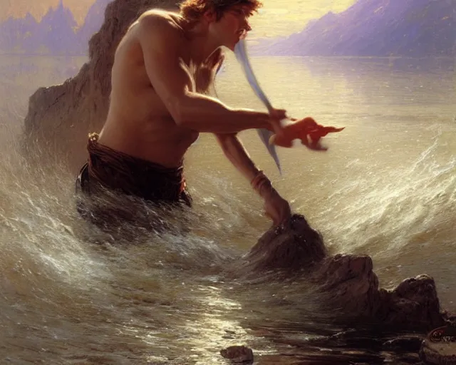 Image similar to attractive male wizard casting powerful tsunami wave spell in a beautiful lake. highly detailed painting by gaston bussiere, craig mullins, j. c. leyendecker 8 k