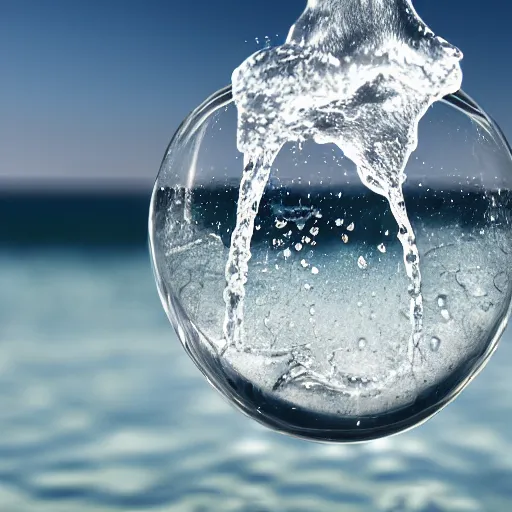 Prompt: spilling water from a glass in the shape of a human head shape, on the ocean water, ray tracing, realistic water sharp focus, long shot, 8 k resolution, cinematic, amazing water art