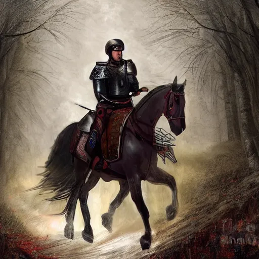 Image similar to aleksandar vucic wearing shining plate armor and riding a horse on a path through a dark forest, highly detailed, digital painting, sharp focus