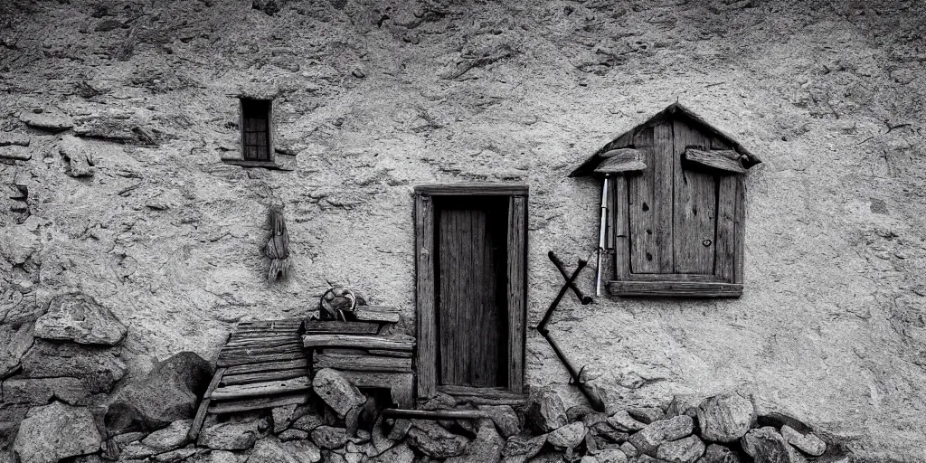 Image similar to photography of a wall with alpine farmer tools in shape of occult signs hanging down, old hut, alp, dolomites, alpine, detailed intricate insanely detailed octane render, 8k artistic 1920s photography, photorealistic, black and white, chiaroscuro, hd, by David Cronenberg, Raphael, Caravaggio