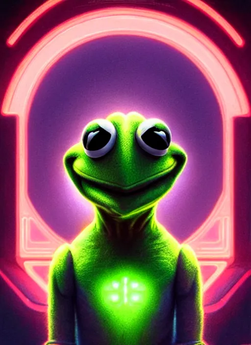 Image similar to symmetry portrait of kermit the frog, sci - fi, tech wear, glowing lights intricate, elegant, highly detailed, digital painting, artstation, concept art, smooth, sharp focus, illustration, art by artgerm and greg rutkowski and alphonse mucha