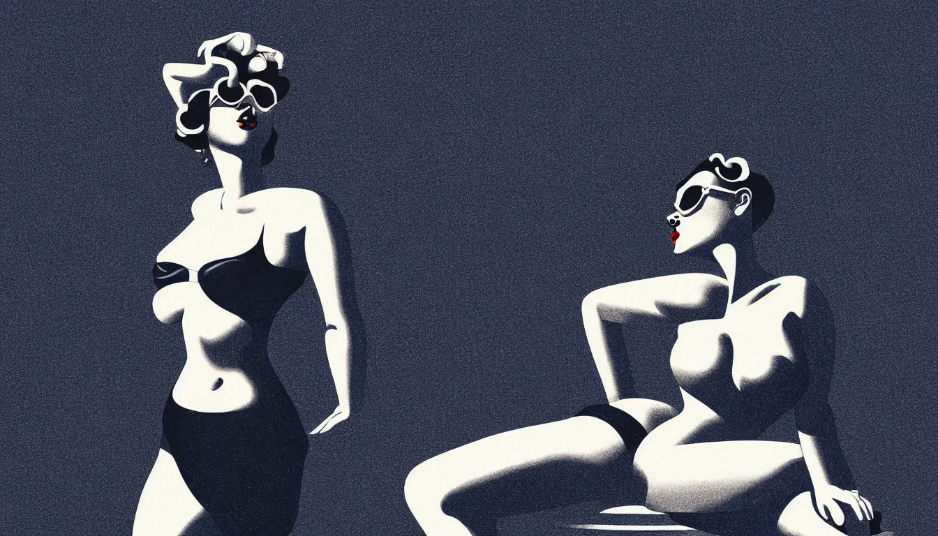 Image similar to pinup woman by the pool by mads berg, karolis strautniekas, film noir, stippled light, dramatic lighting, editorial illustration, detailed, fine texture, matte print, art deco, brutalism, dark blue + dark orange, red, black, ( ( habitat 6 7 background ) )