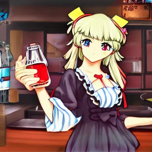 Prompt: Marisa from touhou drinks cola, anime screenchot