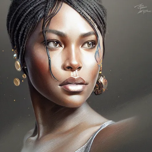 Image similar to full figure ultra realistic illustration, okoye, intricate, elegant, highly detailed, digital painting, artstation, concept art, smooth, sharp focus, illustration, art by artgerm and greg rutkowski and alphonse mucha