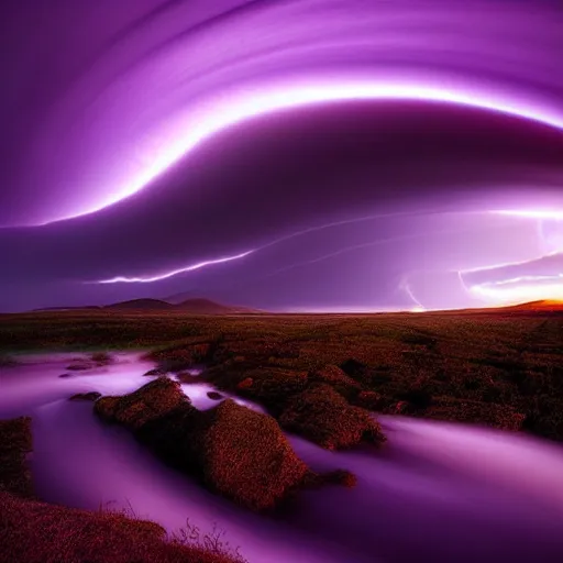 Image similar to amazing photo of purple clouds in the shape of a tornado by marc adamus, digital art, beautiful dramatic lighting