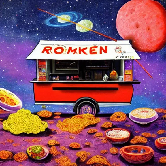 Image similar to a ramen foodcart on an asteroid at the end of the universe, cosmic and colorful, painting