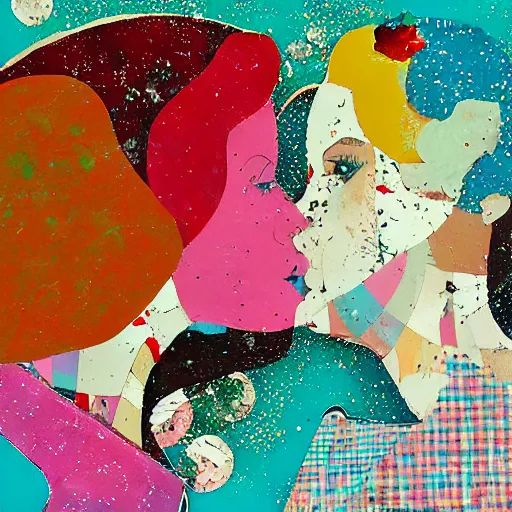 Image similar to two women kissing at a carnival, mixed media collage, retro, paper collage, magazine collage, acrylic paint splatters