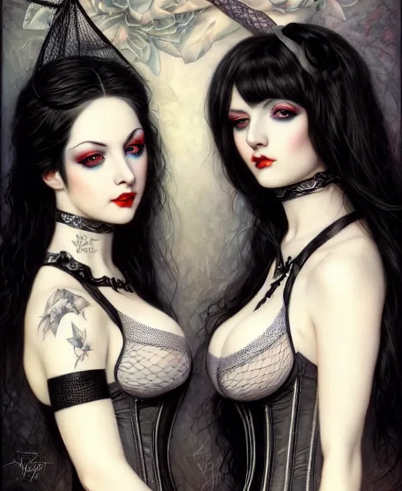 Image similar to two beautiful pale skin cosplay girls, gray eyes, black hair, fully tattooed body, fishnet corset with choker, symmetrical, beautiful detailed face, masterpiece, paint by karol bak