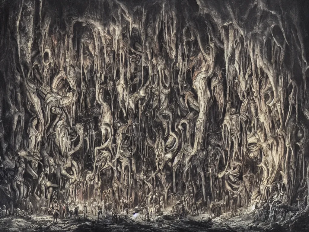 Prompt: a painting of a group of people standing in a cave, concept art by giger, featured on cgsociety, gothic art, lovecraftian, darksynth, apocalypse art, cosmic horror