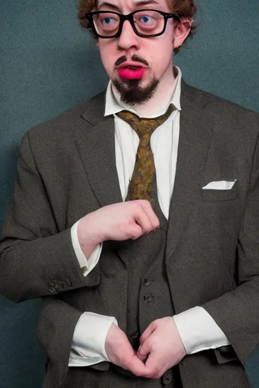 Prompt: Sam Hyde wearing a 3 piece suit designed by Leonardo da Vinci, stylish, creative fashion, ethereal lighting, dramatic, rule of thirds, sigma male