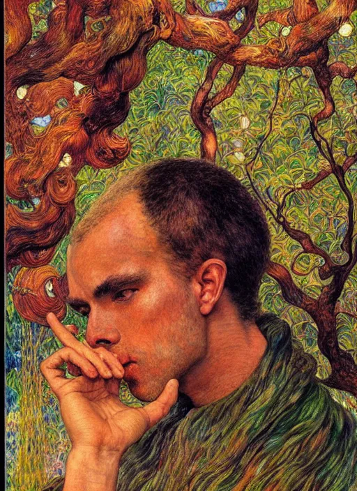 Prompt: a portrait of a man enshrouded in an impressionist representation of mother nature and the meaning of life by william holman hunt, art by quinglu shanshui and mati klarwein, thick watercolor brush strokes, portrait painting by daniel garber, by wlop, by james jean, vintage postcard illustration