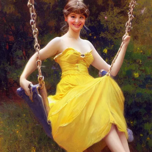 Image similar to a detailed portrait of a real cute girl on swing, wearing a yellow dress, smiling coy, painting by gaston bussiere, craig mullins, j. c. leyendecker, award winning hd photo