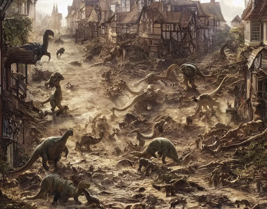 Image similar to many dinosaurs stampede down the main street of an English village, cobbled street, shops, house, church, walls collapse, debris, houses destroyed, paleoart, james gurney, vladimir motsar, david curtis, john park, jeremy mann