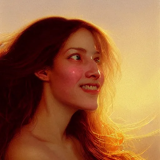 Prompt: Facial portrait of a cute shy woman, looking away from the camera, naughty smile, mouth slightly open, lips slightly parted, long flowing hair, no hands visible, intricate, extremely detailed painting by Henry Justice Ford and by Greg Rutkowski and by Moebius, golden hour