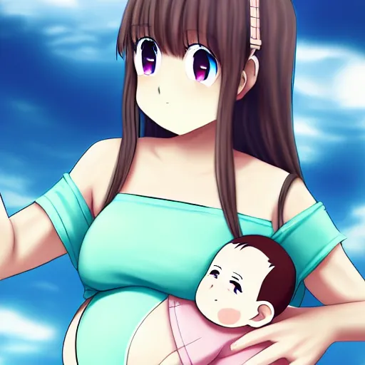 Prompt: cute girl pregnant with triplets at 4 0 weeks, baby movings in belly, anime art, trending on pixiv