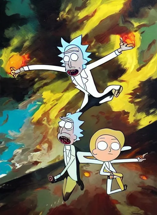 Prompt: rick and morty painting by phil hale, francisco goya,'action lines '!!!, graphic style, visible brushstrokes, motion blur, blurry, hd image