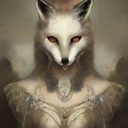 Image similar to tom bagshaw, soft painting fractal curiosities carnival, very beautiful fox mutation female in full ornated nightshade armor, symmetry accurate features, focus, very intricate ultrafine details, black white purple volumetric clouds, award winning masterpiece, octane render 8 k hd