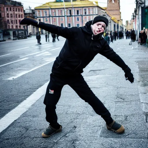 Prompt: gopnik squating in the street in Russia