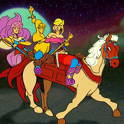 Image similar to He-Man, She-Ra, and Skeletor riding a horse together