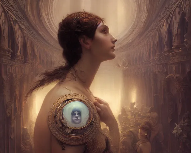 Image similar to medium shot, symmetrical face, face enhancement, by jaime jones, tom bagshaw, lawrence alma - tadema, greg rutkowski, deviantart contest winner, fantasy art, intricate, elegant, highly detailed, 8 k, digital painting, concept art, sharp focus, illustration, golden ratio, mythological, ultra realistic, cinematic lighting, maximalist