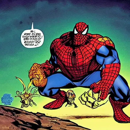 Image similar to the maxx stomping on spider - man in the outback