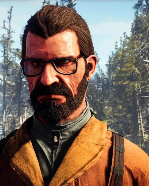 Image similar to gordon freeman by red dead redemption 2, by greg rutowski, cinematic, photorealistic