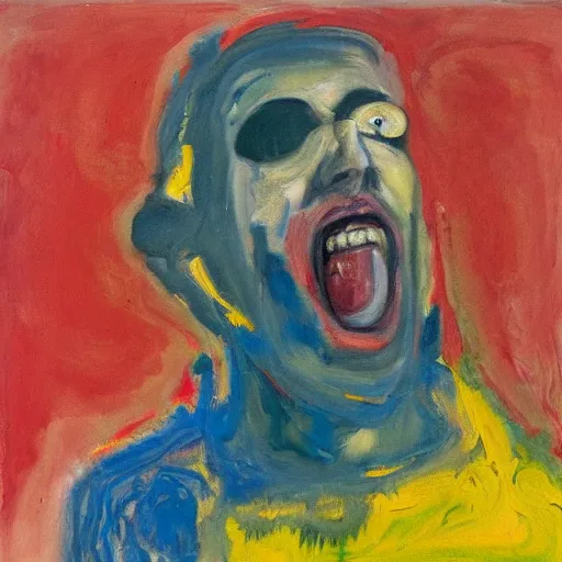 Prompt: a man screaming in a room full of gas, painted by frank Auerbach and vibrating eerie colors of Mark Rothko