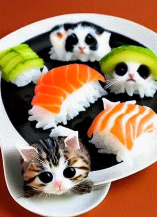 Image similar to clear photorealistic picture of adorable cats made out of sushi, sitting on sushi plates, additional sushi