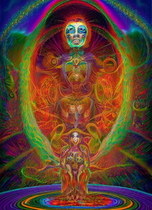 Image similar to portrait ultra dimensional cult woman shaman, enlightenment tripping on dmt, psychedelic experience, ascending through the fifth dimension moving at the speed of light and sitting still, portal, ultra high definition, unreal engine 5, hyperrealism, masterpiece composition, by todd schorr, casey weldon, barclay shaw
