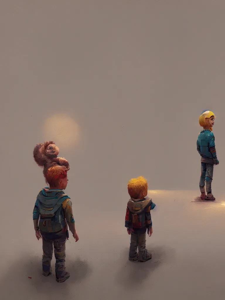 Prompt: a cute boy standing in the center of a painting from stalenhag, 4 k, 8 k, hdr, artstation, concept art