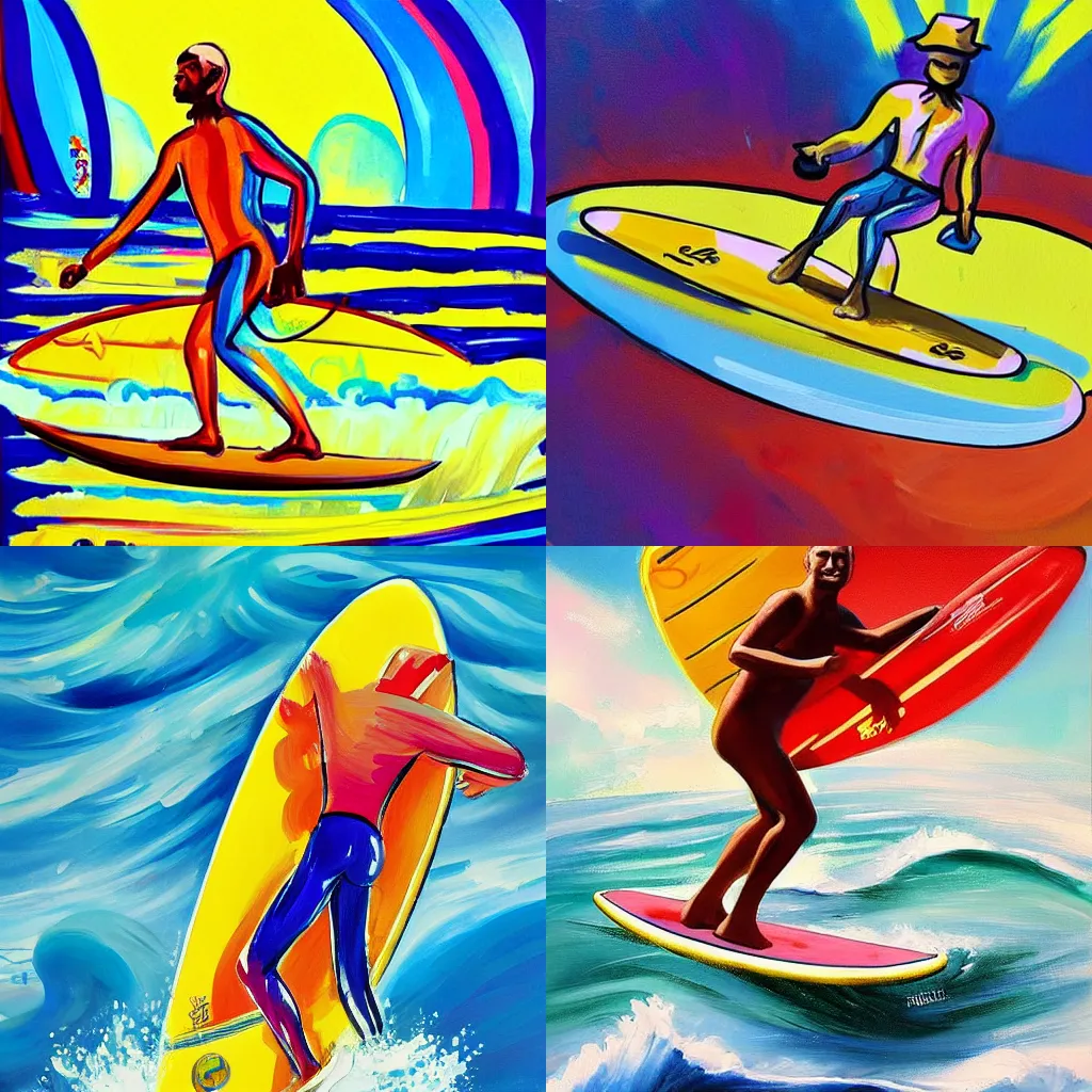 Prompt: a painting of a man riding a wave on a surfboard, concept art by peter max, reddit contest winner, sots art, official art, concept art, poster art