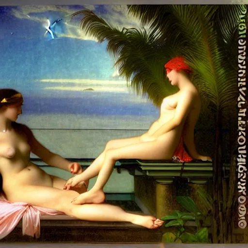 Image similar to Silhouette of two girls at the palace, thunderstorm, greek pool, beach and palm trees on the background major arcana sky, by paul delaroche, alphonse mucha and arnold böcklin arnold böcklin hyperrealistic 8k, very detailed