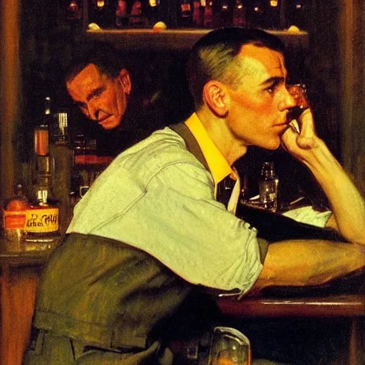 Image similar to a portrait of a man in the 1 9 6 0 s drinking alone in a bar late at night, strong dramatic orange and yellow lighting, by norman rockwell