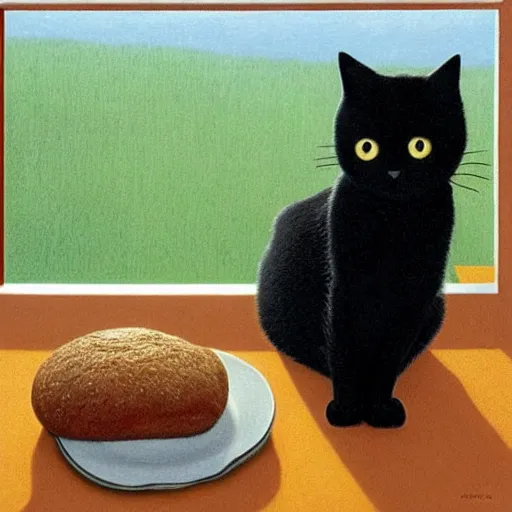 Image similar to black cat licking bread on a table, by Quint Buchholz