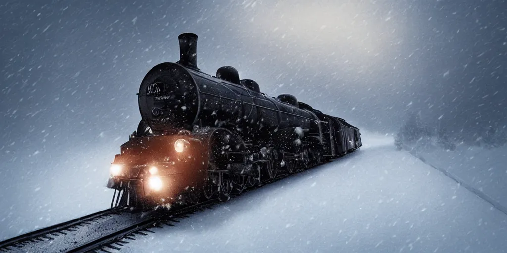 Image similar to ultra realistic illustration, a heavy steam train in the snow under a blizzard, snow landscape, elegant, highly detailed, artstation, concept art, smooth, sharp focus, moody, dramatic lighting