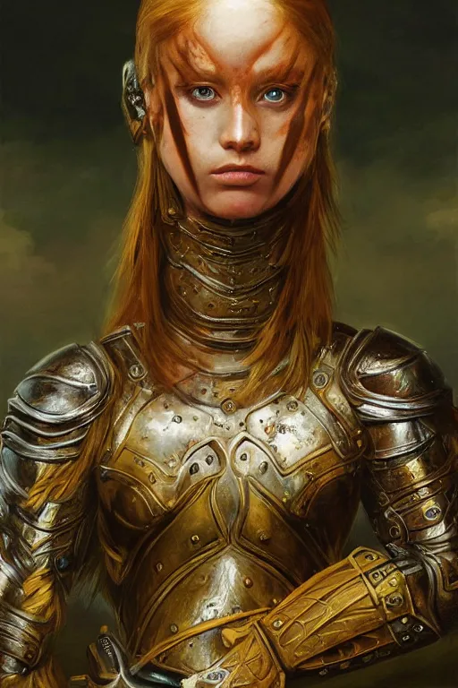 Prompt: beautiful female warrior, half body portrait, ginger hair, ornate armour, realistic oil painting by Thomas Cole and Wayne Barlowe