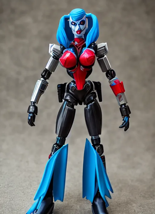 Image similar to Transformers Decepticon Harley Quinn action figure from Transformers: Robots in Disguise (2015), symmetrical details, by Hasbro, Takaratomy, tfwiki.net photography, product photography, official media