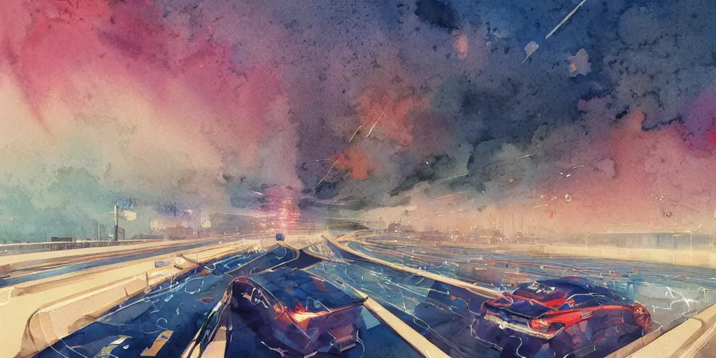 Prompt: a beautiful insanely intricate watercolor illustration of modern motorway, reflexions, colorfull, by william turner art, by greg rutkowski, by james jean, by rossdraws, by frank franzzeta, by sakimichan, by edmund dulac, trending on artstation, insanely detailed, masterpiece,