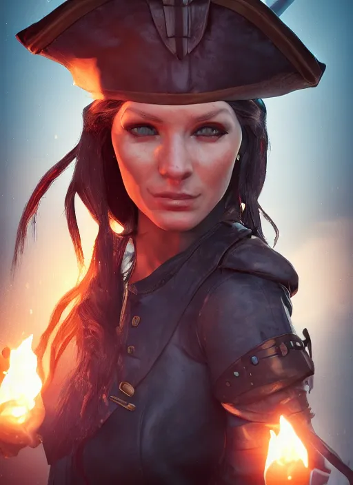 Prompt: A fantasy comic book style portrait painting of a 30 year old female as a pirate wizard in a atmospheric dark fortress, unreal 5, DAZ, hyperrealistic, octane render, RPG portrait, ambient light, dynamic lighting
