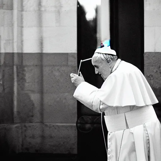 Prompt: pope francis smoking a joint, cinestill 800t 50mm