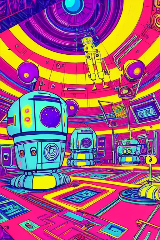 Image similar to a brightly colored drawing of a room with a bed in an 8 0 s art deco international space station, robots, led screens, droids, a detailed painting by lisa frank, james jean, kilian eng, moebius, featured on deviantart, psychedelic art, psychedelic, dmt